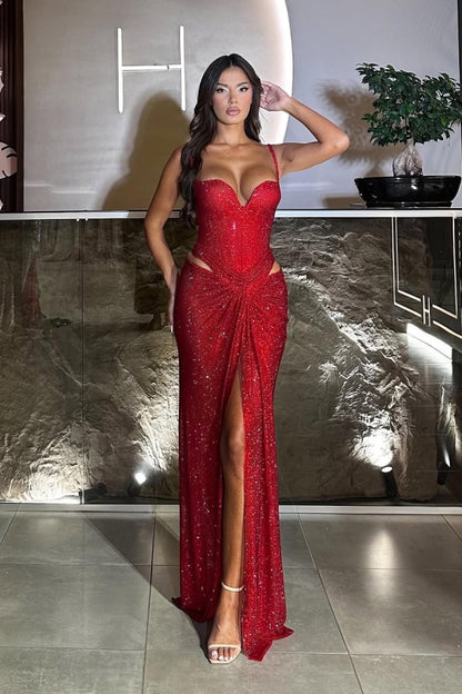 Red Gorgeous Split Sequins Spaghetti-Straps Prom Dress ZT0525