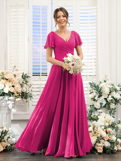 A-Line/Princess V-Neck Short Sleeves Bridesmaid Dresses with Split Side & Ruched