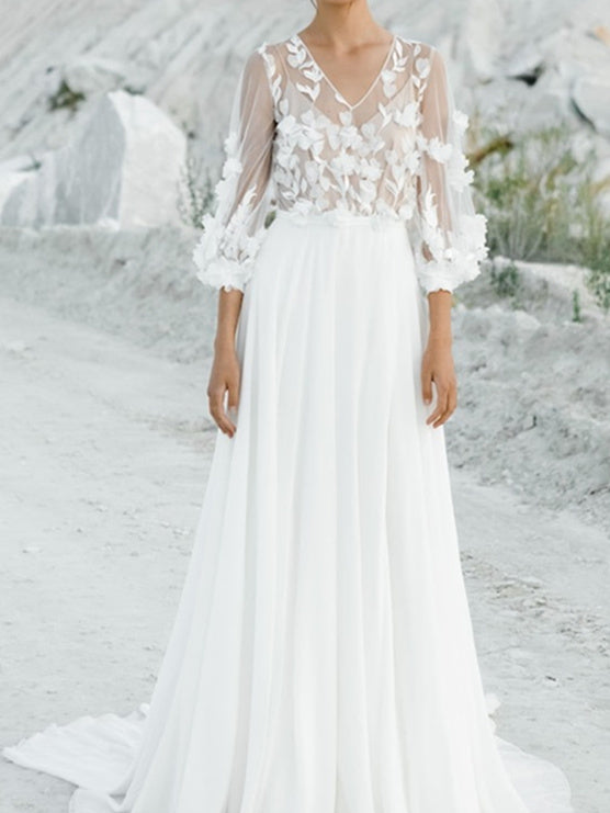 A-Line/Princess V-Neck Floor-Length Wedding Dress With Appliques