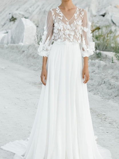 A-Line/Princess V-Neck Floor-Length Wedding Dress With Appliques