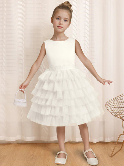 Ball-Gown Round Neck Sleeveless Knee-Length Flower Girl Dress with Ruffles & Bowknot