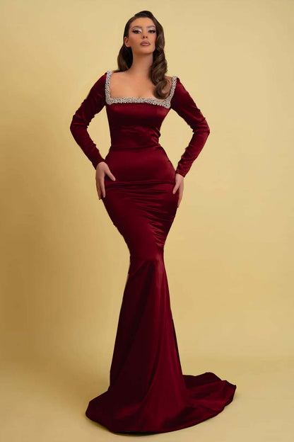 Prom Dress Charmeuse Burgundy Long Sleeves Mermaid With Beadings YL0263