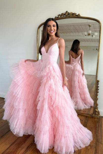 Pink Prom Dress Mermaid Sleeveless Spaghetti Strap Tulle YL0112