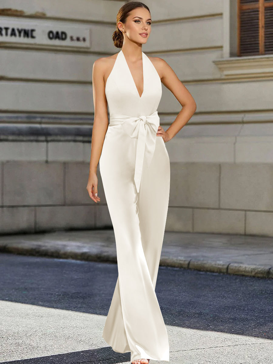 2 Piece V-Neck Sleeveless Floor Length Mother of the Bride Pantsuits with Bow Belt