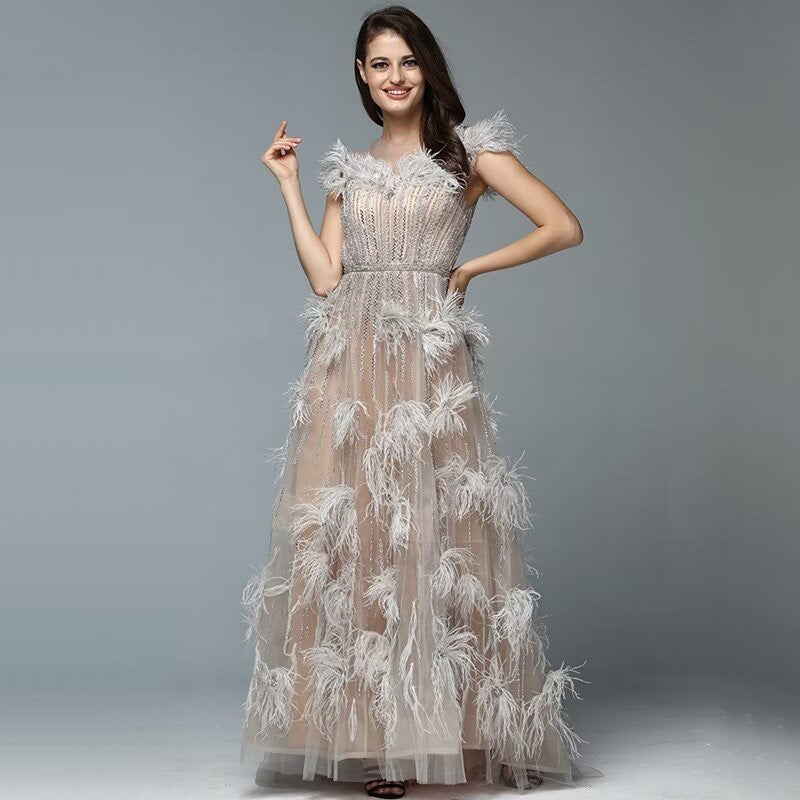 Okdais Feather Sequins Applique Prom Dress A Line Tulle LM0051