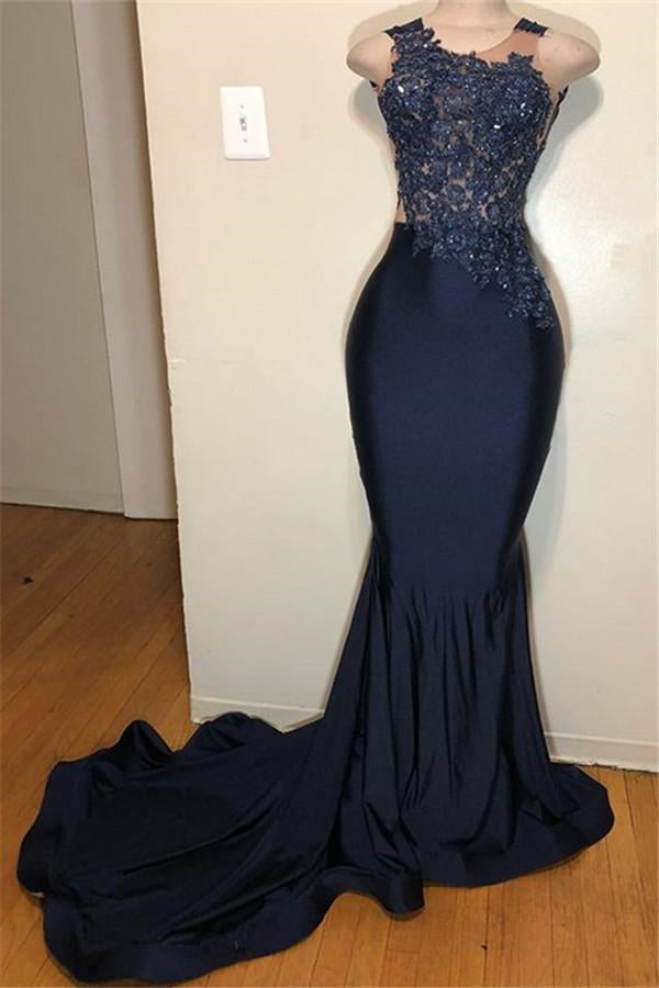 edgynewlook Dark Blue Mermaid Prom Dress Sleeveless Appliques