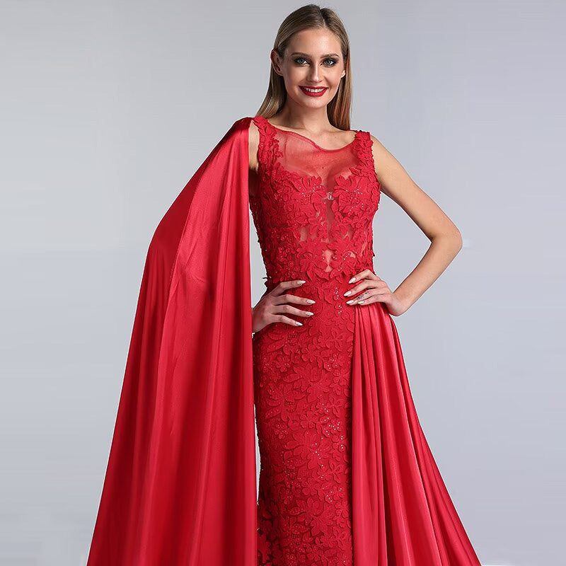 Okdais Charming Red Lace Printed Prom Dress A Line Long With Trail LM0025