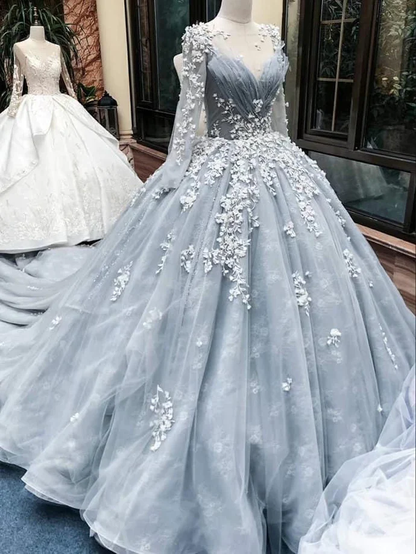 Romantic light grey long sleeve floral long lace applique wedding dress prom dress evening gown gh2092