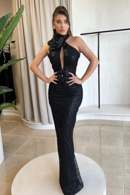 Glamorous Black Sliming Prom Dress Halter Mermaid Dress With Flower LY0016