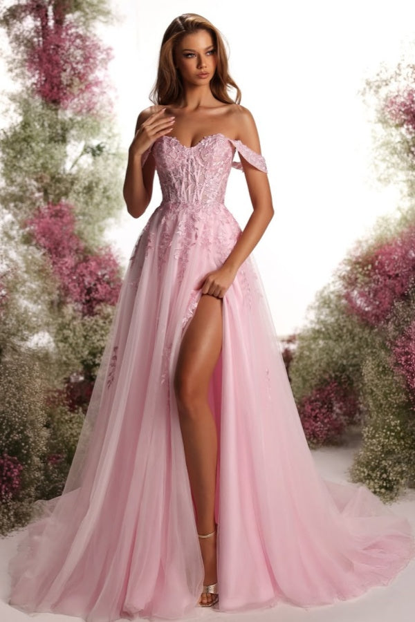 Blushing Pink Off-The-Shoulder Embroidery Split Prom Dress ZT0543