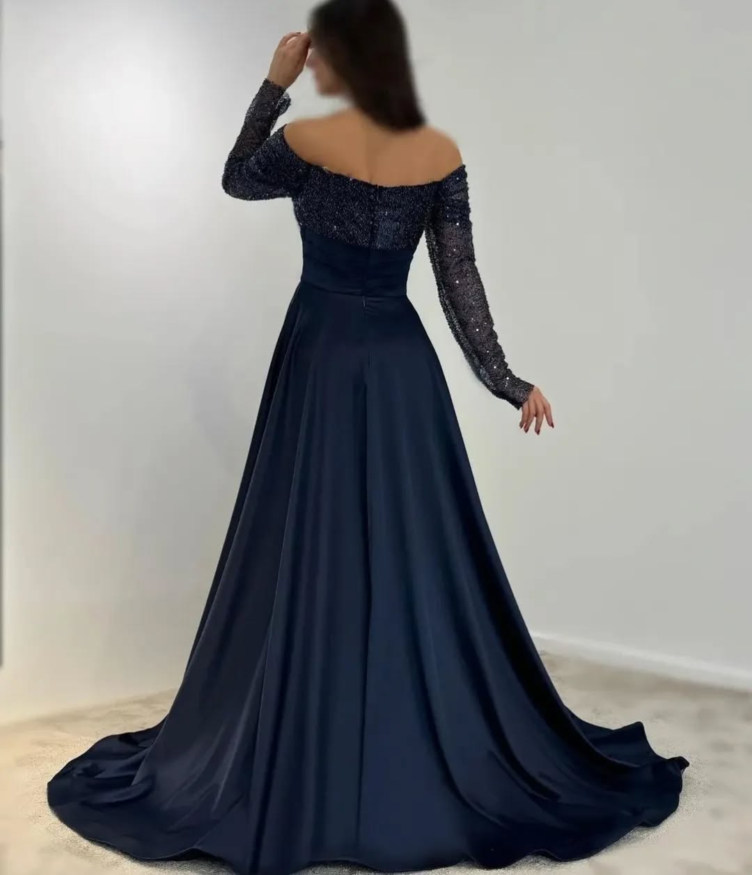 Dark Navy Off-The-Shoulder Sequins Long Sleeves Prom Dress ZT0516