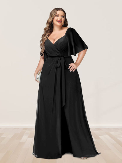 A-Line/Princess V-Neck Half Sleeves Plus Size Bridesmaid Dresses with Split Side