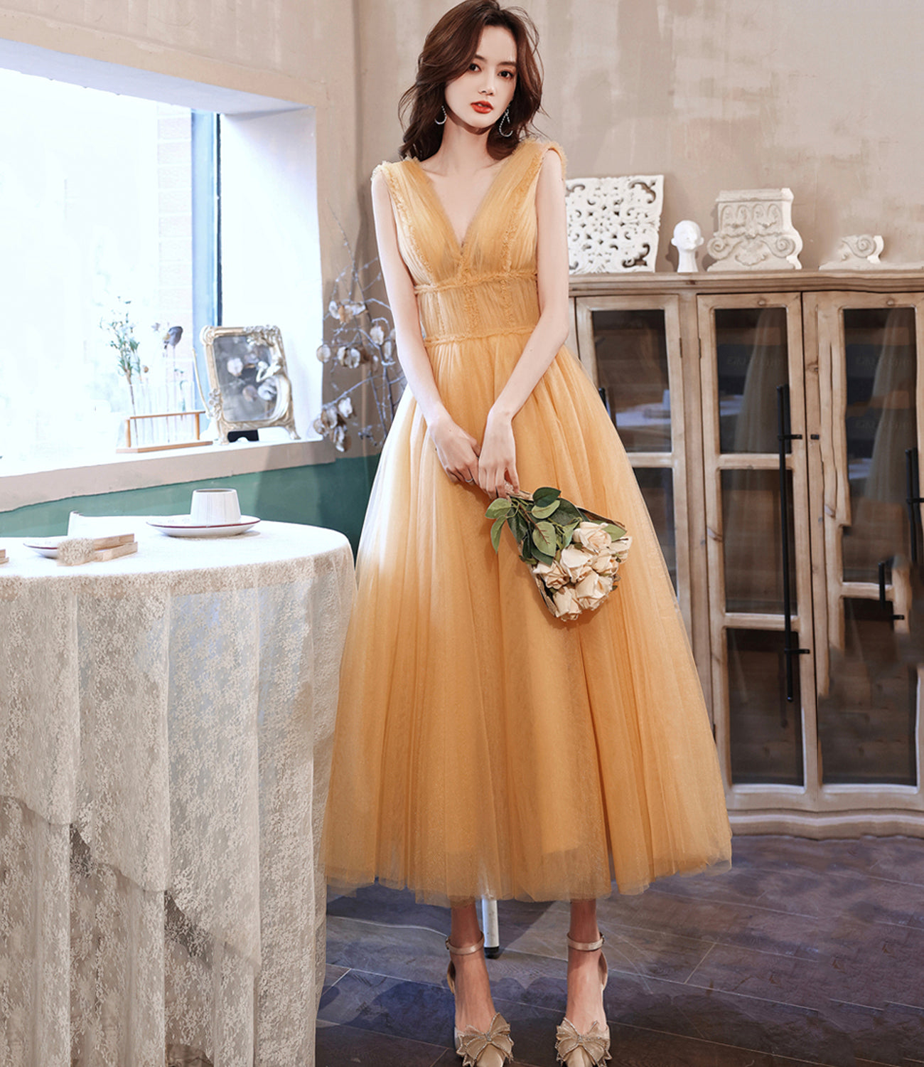 Yellow v neck tulle short prom dress homecoming dress  8982