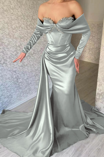 Elegant Sweetheart Portrait Long Sleeves Mermaid Prom Dress With Rhinstone Ruffles ED0396