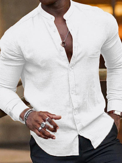 Men's Casual Cotton Linen Long Sleeves Solid Color Shirt