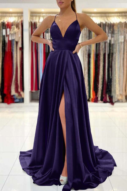 Royal Blue Spaghetti Strap V-Neck Prom Dress With Slit PD037