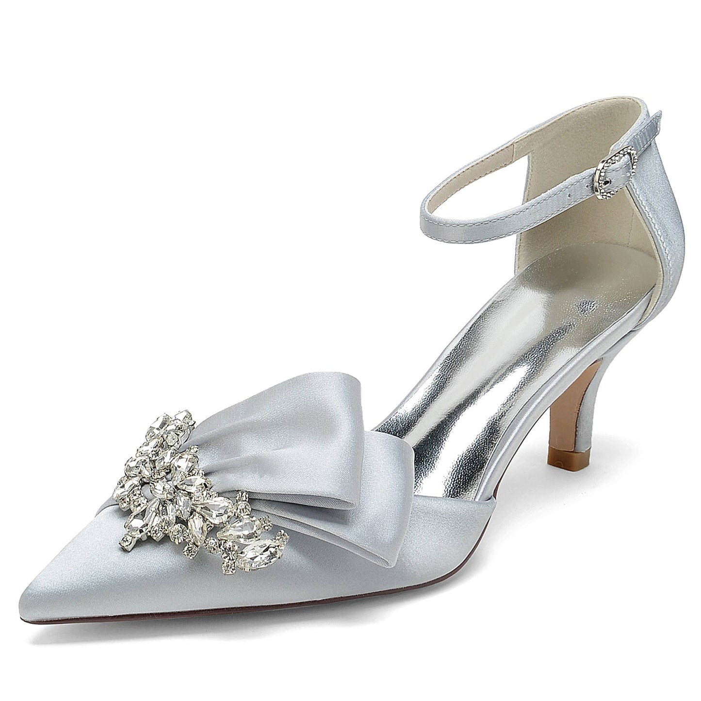 Women's Wedding Shoes Silk Satin Rhinestone Bow Mid Pointed Toe Buckle Bridal Shoes