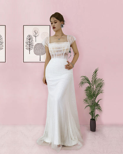 Elegant Prom Dress Long Tulle White Spaghetti Strap Sleeveless YX00018