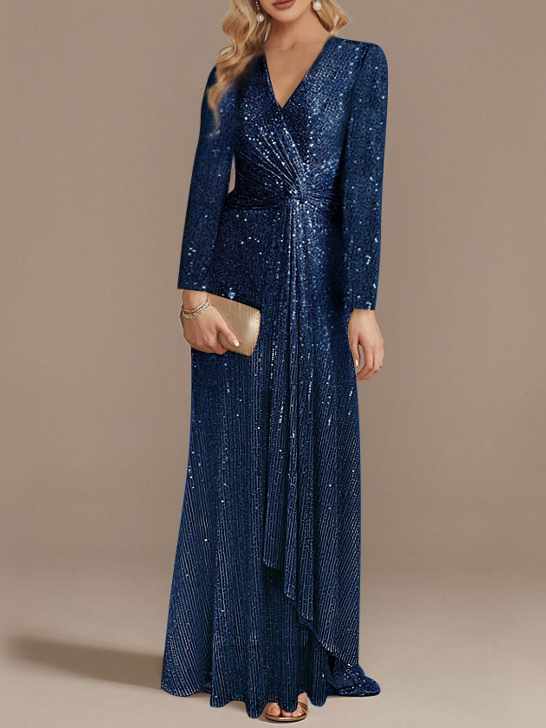 Mermaid/Trumpet V-Neck Long Sleeves Floor-Length Party Cocktail Dress with Sequins