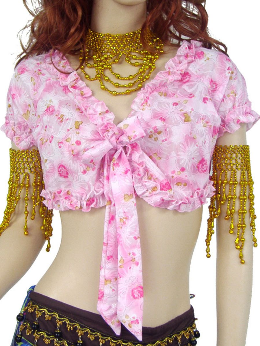 Belly Dance V-Neck Short Sleeves Ruched Short Top with Bow(s) & Printed Flower