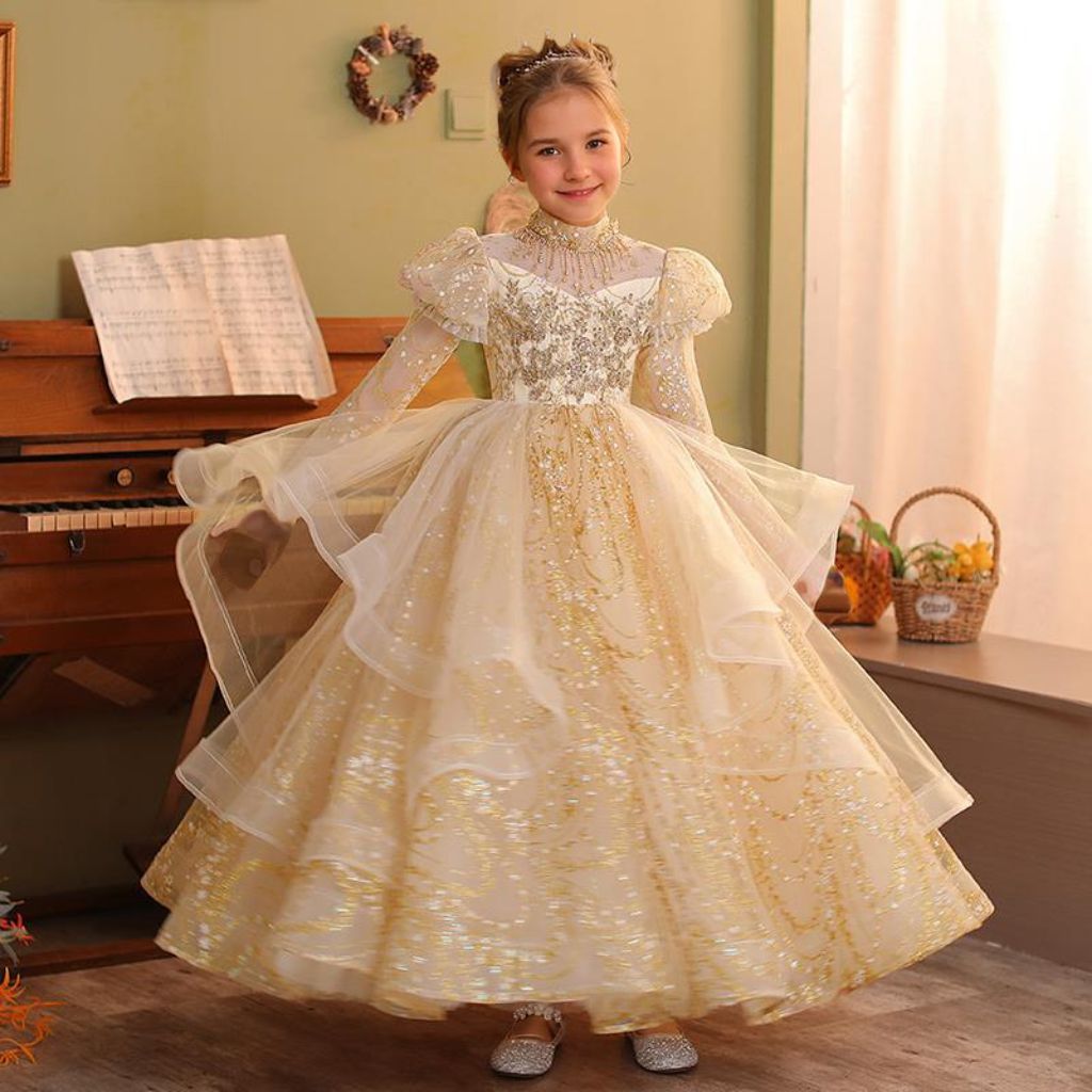 Long Sleeves A-Line/Princess Floor Length Girl Party Dress with Rhinestone Appliques