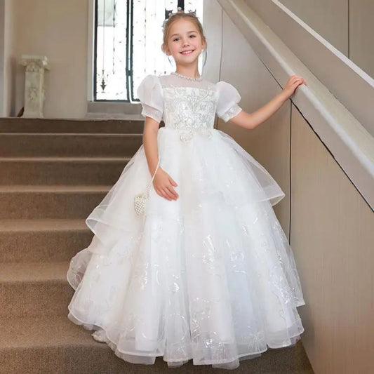 Beading Round Neck A-Line/Princess Flower Girl Dress with Rhinestone Appliques