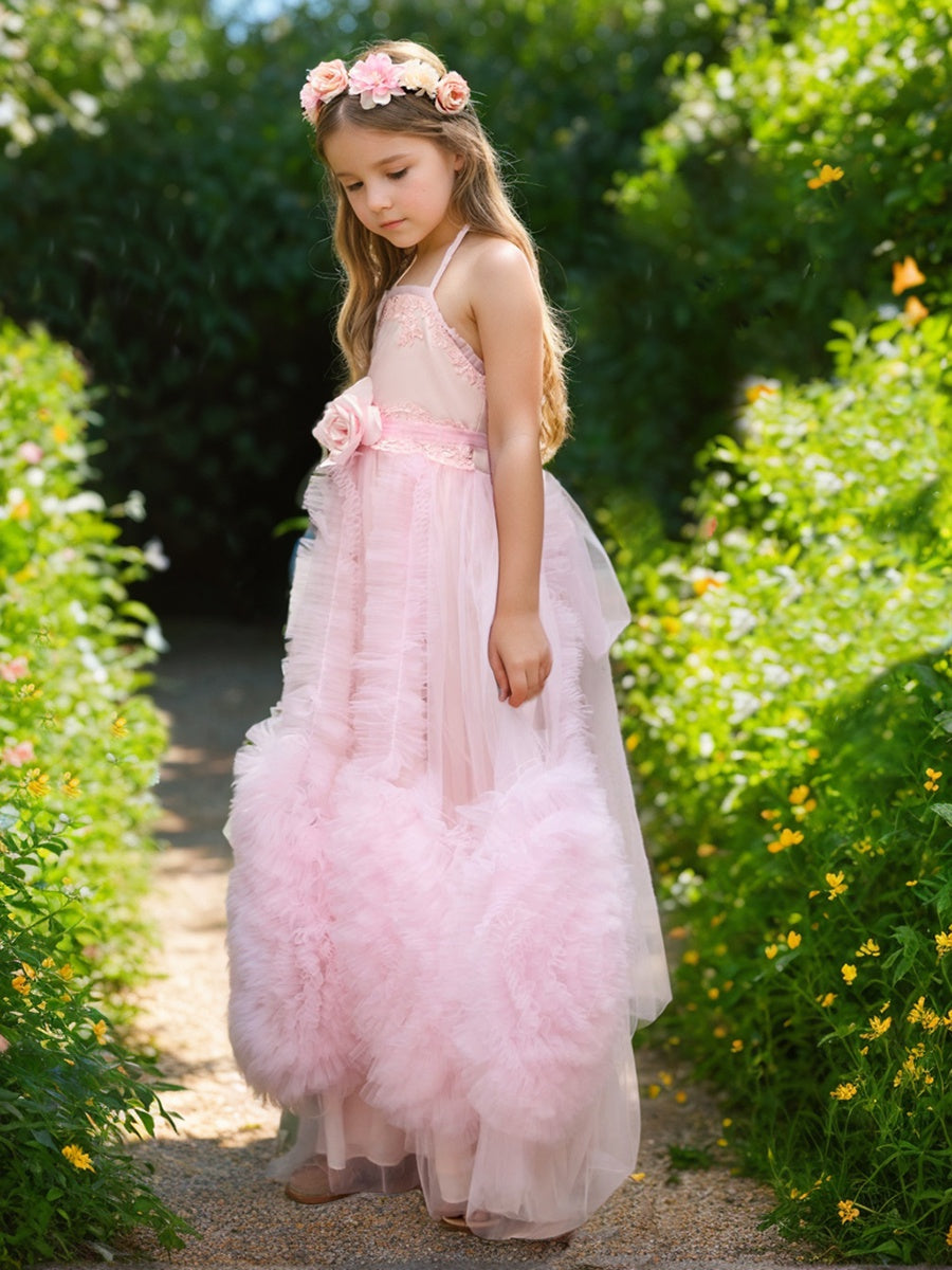 A-line Chiffon Floor-length Pink Flower Girl Dress