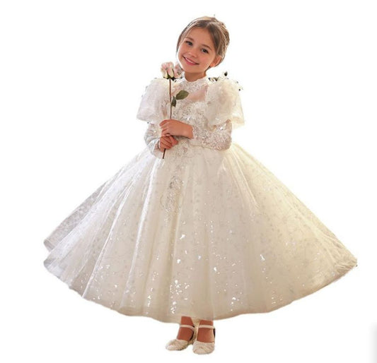 Long Lace Sleeves Floor Length A-Line/Princess Girl Party Dress with Crystal Appliques