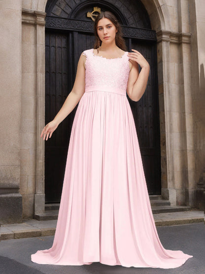 A-Line/Princess Scoop Neck Sleeveless Floor-Length Chiffon Plus Size Bridesmaid Dress with Lace & Appliques