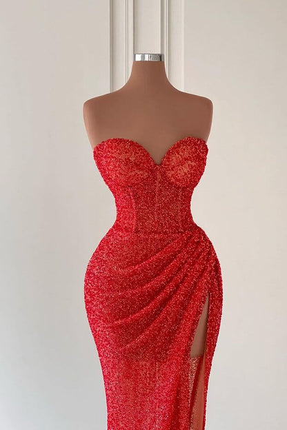 Red Sleeveless Sweetheart Long Mermaid Sequins Prom Dress With Split ED0220