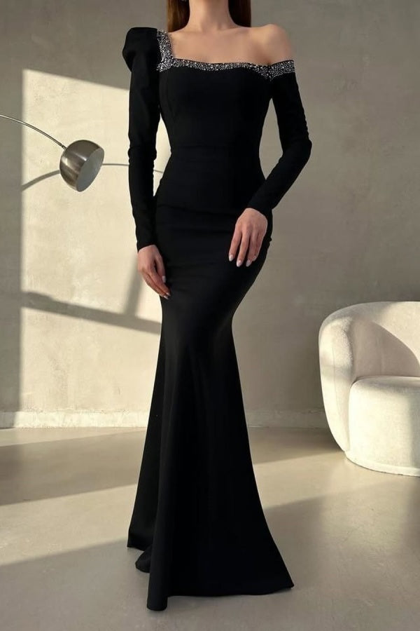 Black Slim Fit Mermaid One-Shoulder Long Sleeves Prom Dress ZT0307