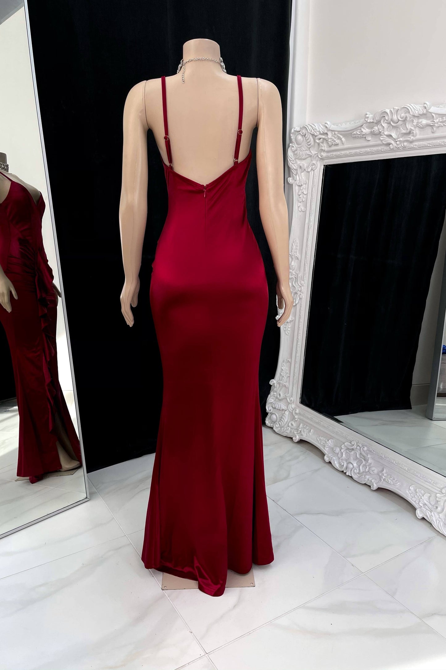 Prom Dress Burgundy Gown Spaghetti Strap Sleeveless Pleated Side Slit YL0136