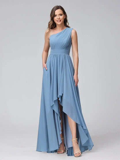 A-Line/Princess One-Shoulder Sleeveless Asymmetrical Bridemaid Dresses with Pockets