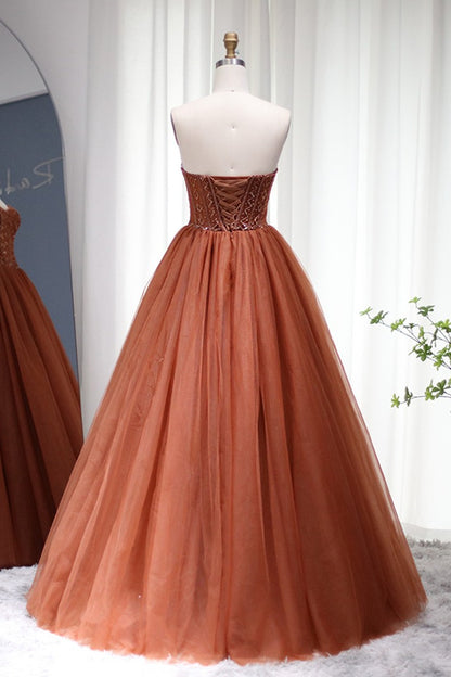 Edgynewlook A Line Strapless Prom Dress Floor Length Tulle With Appliques