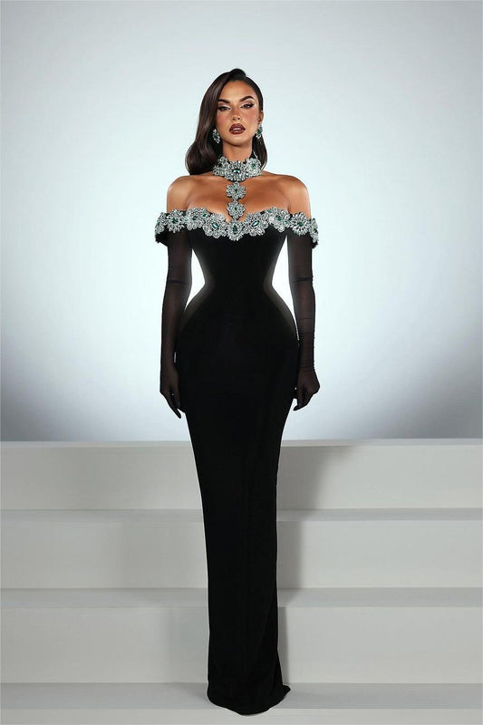 edgynewlook Charming Black Satin Long Sleeves Off the Shoulder Prom Dress with Beadings