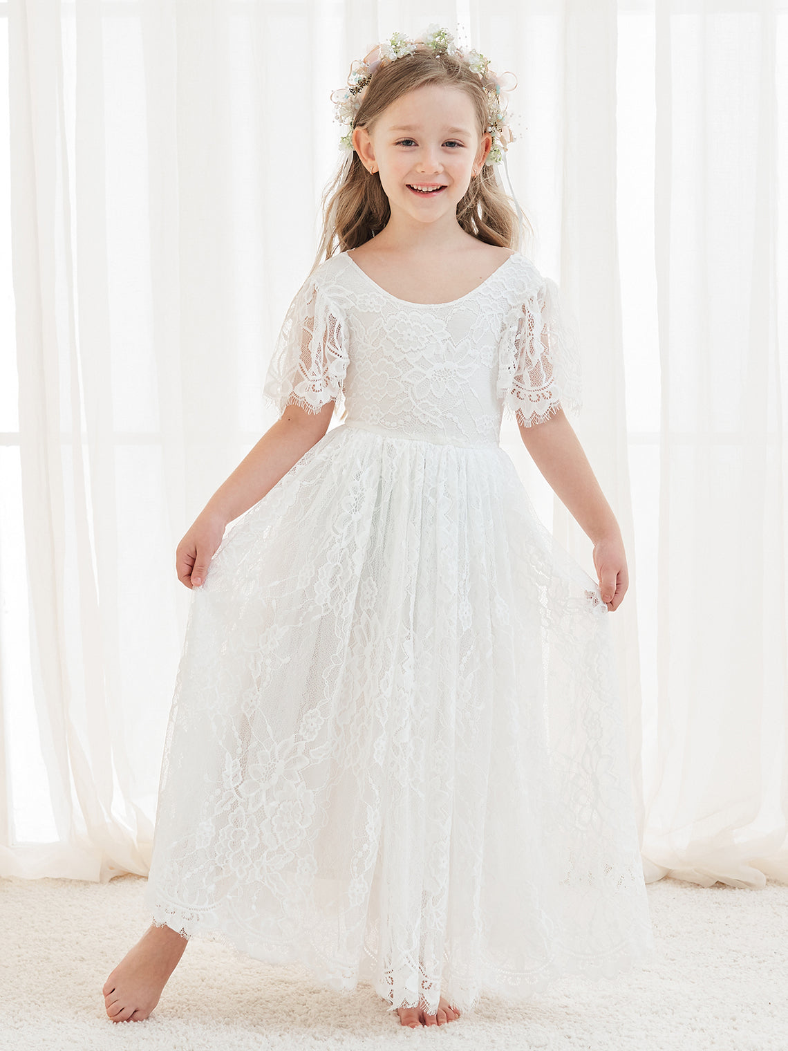 A-line Lace Ankle-length Ivory Boho Flower Girl Dress