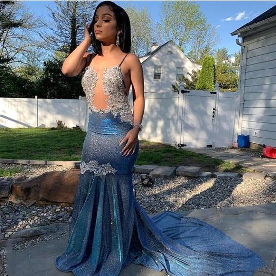 Blue Spaghetti-Straps Mermaid Long Prom Dress With Sequins PD0729