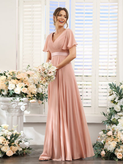 A-Line/Princess V-Neck Short Sleeves Chiffon Bridesmaid Dresses with Pockets