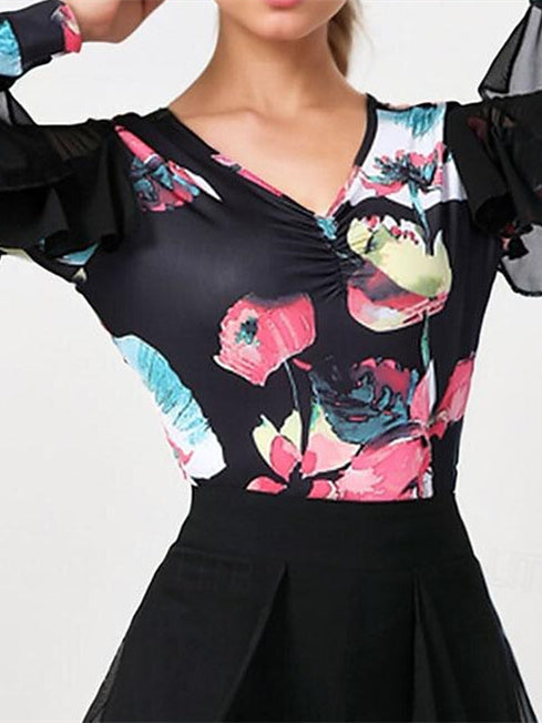 Women's Latin Dance Ballroom Dance  Long Sleeve High Polyester Splicing Tulle Women's Performance