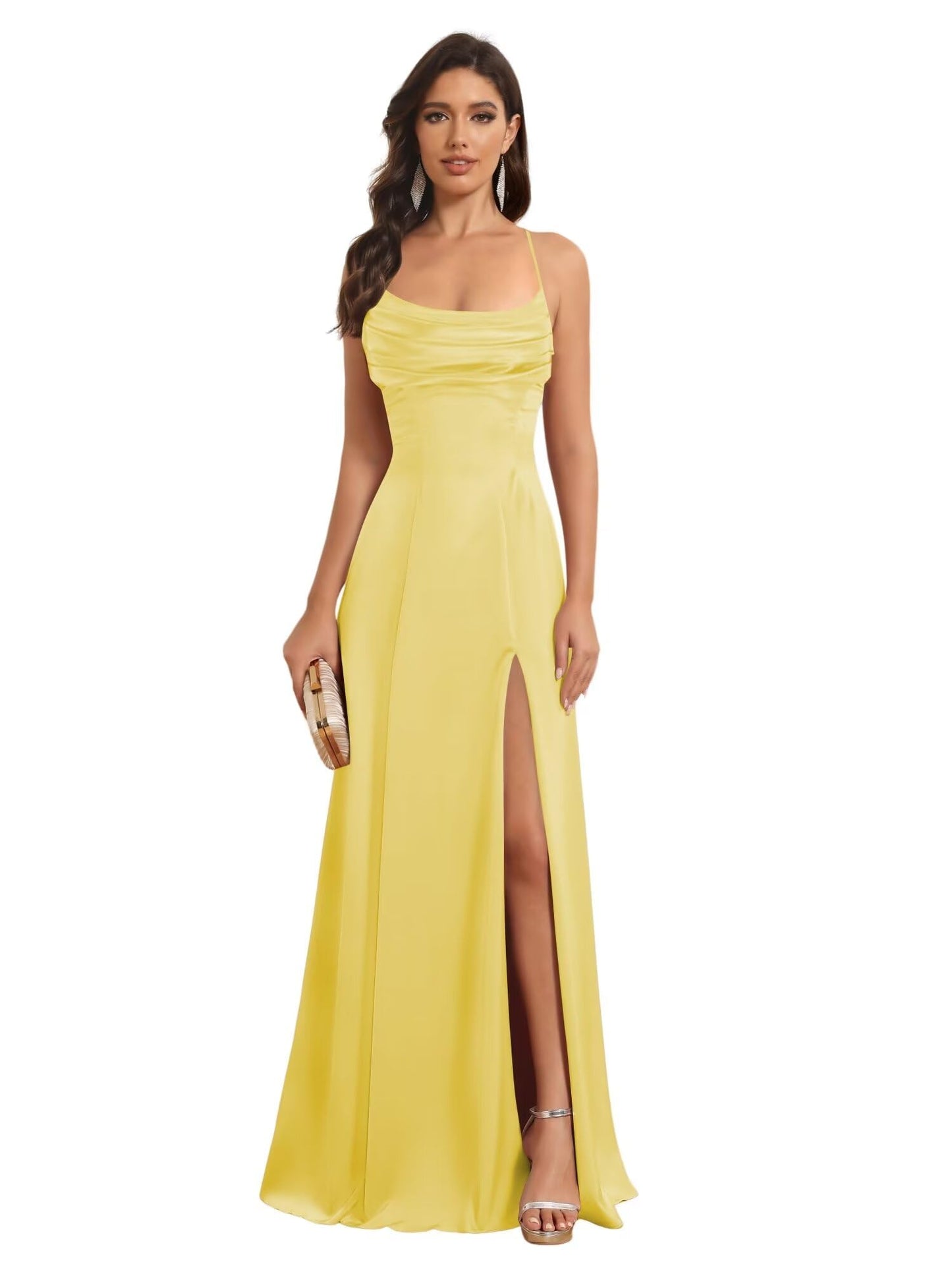 A-Line Spaghetti Straps Sleeveless Floor Length Bridesmaid Dresses Satin With Split Slide