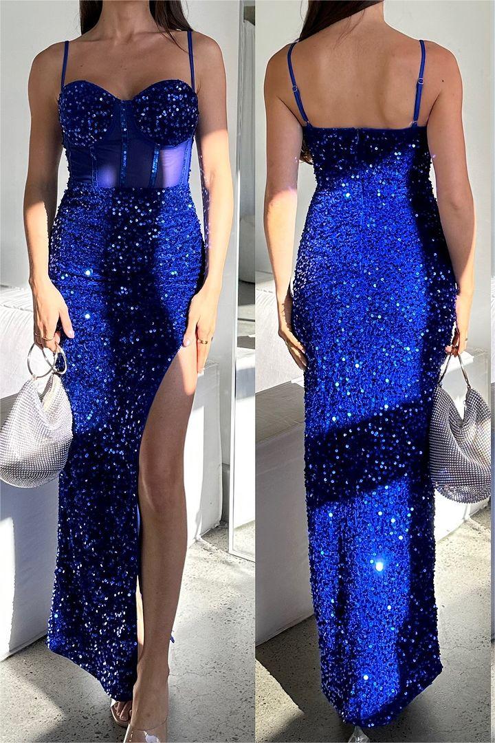 edgynewlook Exquisite Sequins Royal Blue Spaghetti Strap Sleeveless Prom Dress with Beadings