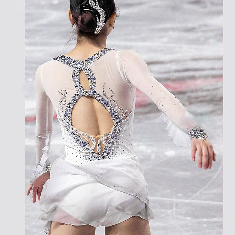 Women's Girls' Long Sleeves Training Practice Sparkly Ice Figure Skating Dress with Rhinestone