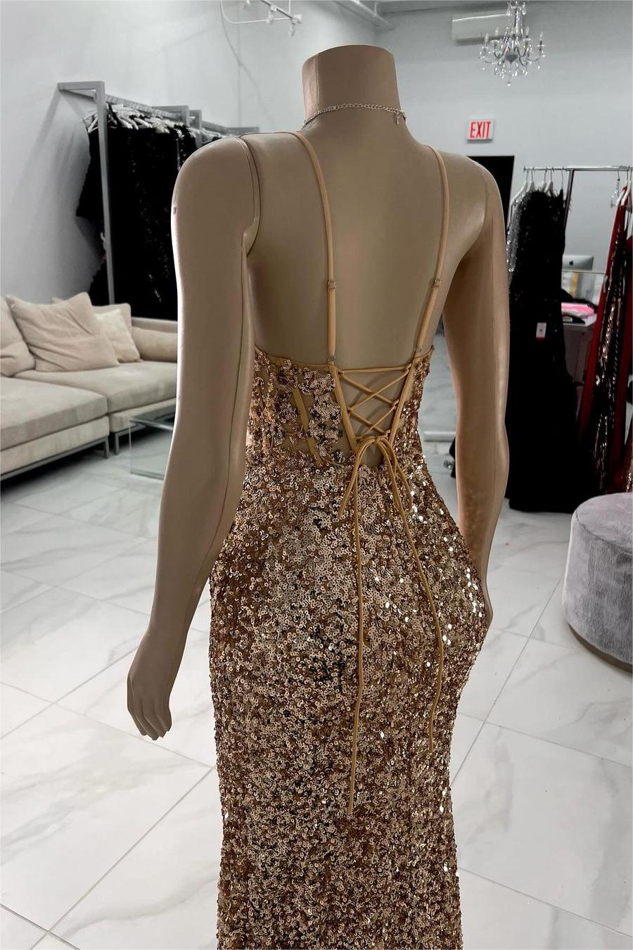 edgynewlook Exquisite Champagne Sequins Spaghetti Strap Sleeveless Prom Dress with Split