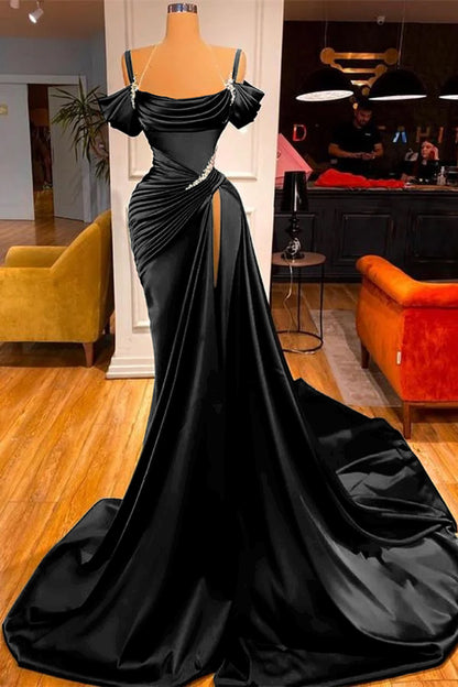 Dark Green Off-the-Shoulder Prom Dress Long Slit Pleated PD021