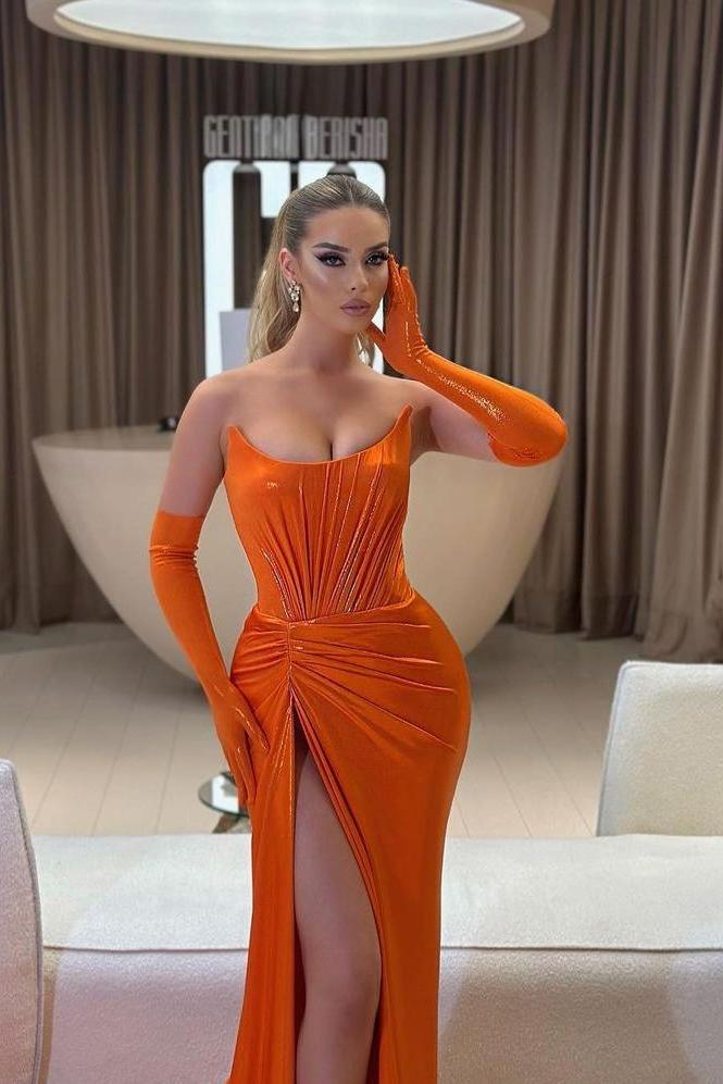 edgynewlook Stunning Orange Strapless Sleeveless High Split Slim Prom Dress with Gloves