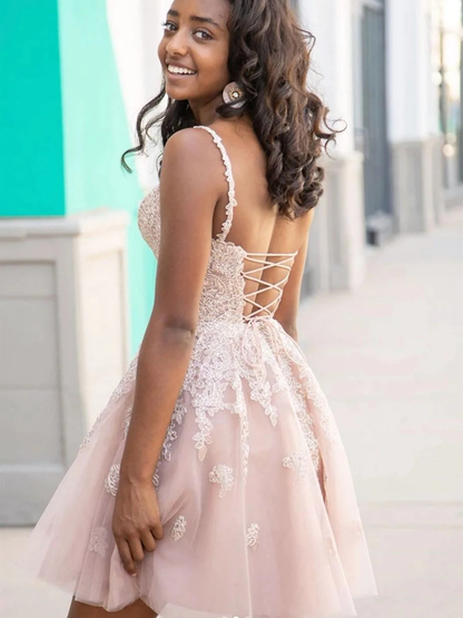 A Line V Neck Short Pink Lace Prom Dresses, Short Pink Lace Formal Homecoming Dresses  gh1616