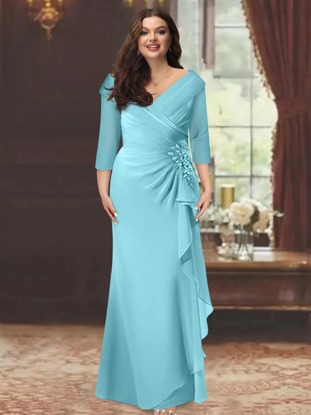 Sheath/Column V-Neck Half Sleeves Floor-Length Plus Size Mother of the Bride Dresses with Ruffles & Appliques