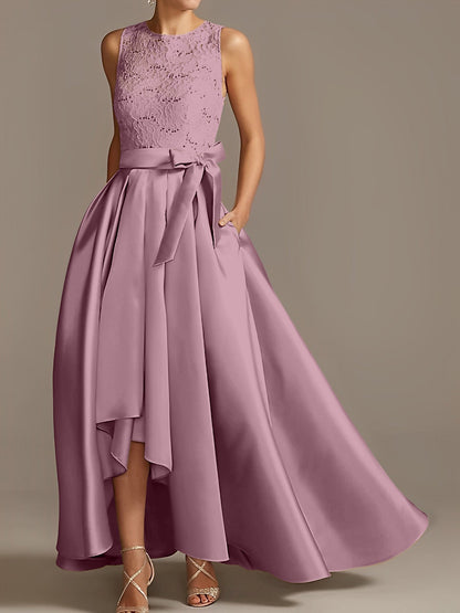 A-Line/Princess Jewel Neck Sleeveless Asymmetrical Mother Of The Bride Dresses With Pleats