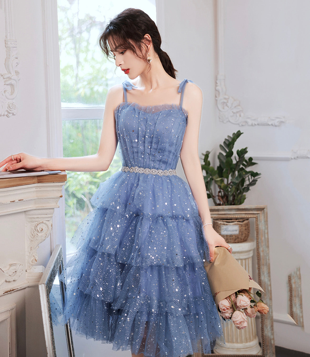 Blue tulle off shoulder prom dress homecoming dress  8896