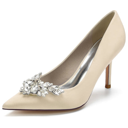 Women's Wedding Silk Satin Pointed Toe High Heel Bridal Shoes with Rhinestones